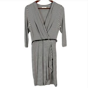 CALVIN KLEIN Striped Belted Faux Wrap Dress Black White 1/2 Sleeve Side Ruched 8